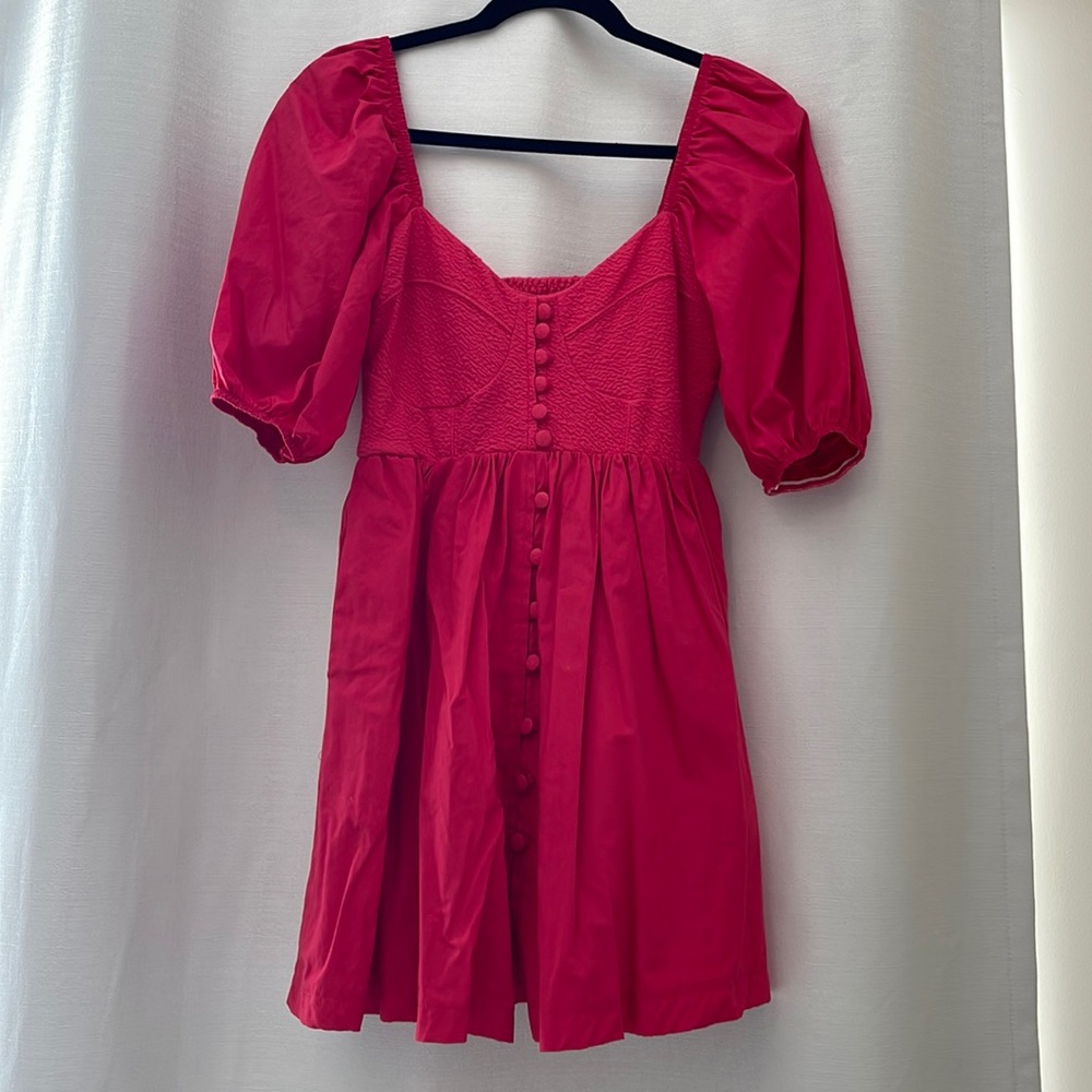 Maeve by Anthropologie Dark Pink/Red Puff Sleeve Mini Dress Size XSP - Picture 2 of 5